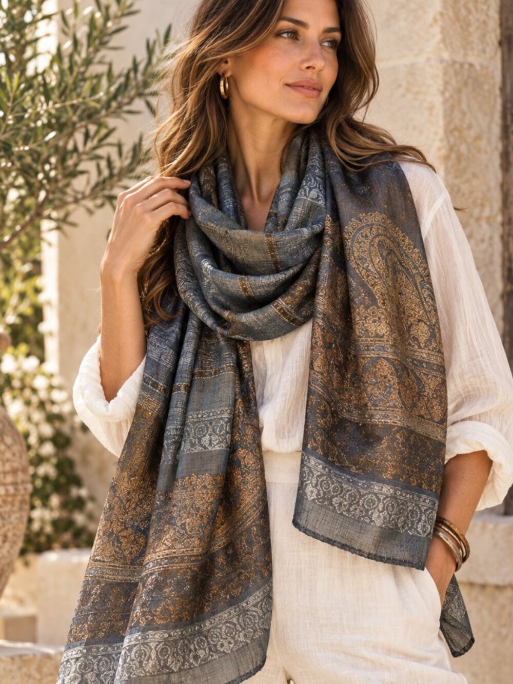 Indian Silk Dupatta Scarf Grey Bronze Paisley Shawl Wrap Boho Vintage Style